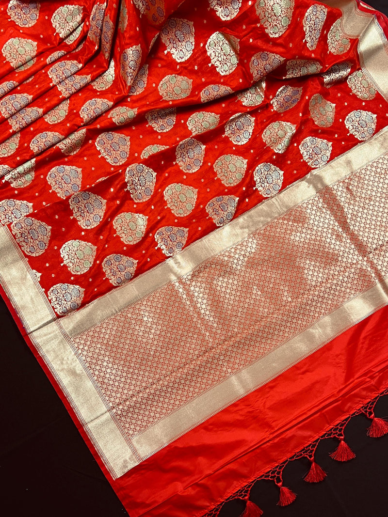 Red Traditional Banarasi Tanchoi Handloom Silk Saree | Tree Pattern Buttas with small zari buttis and Tanchoi Weave |  Banarasi Silk Saree