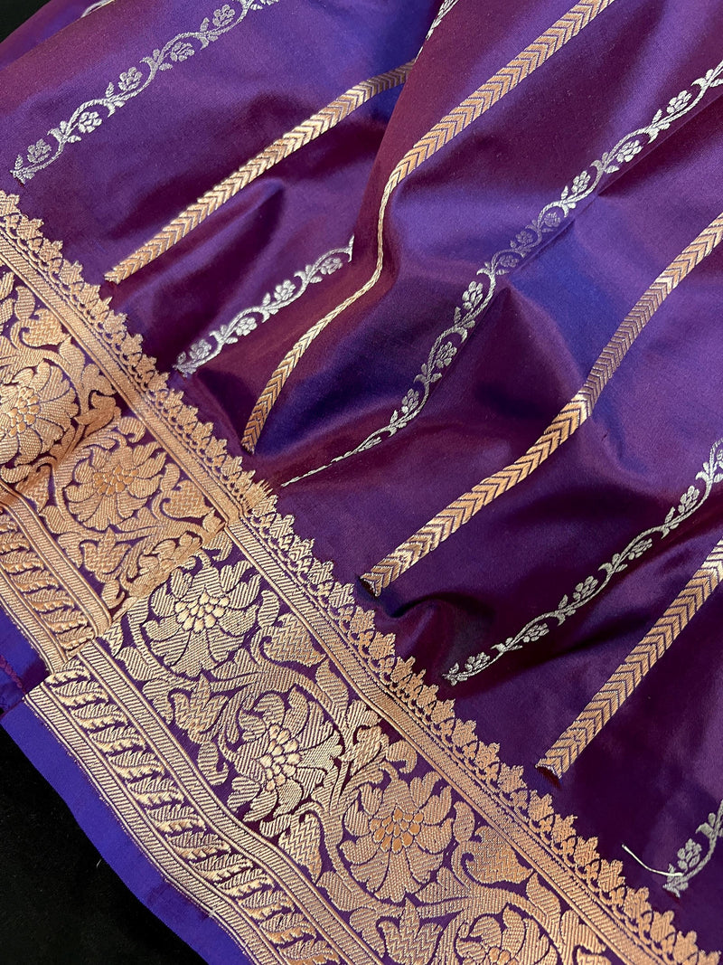 Eggplant Color Saree with undertone of Wine in Pure Banarasi Katan Silk Saree with Copper and Sliver Zari | SILK Mark Certified