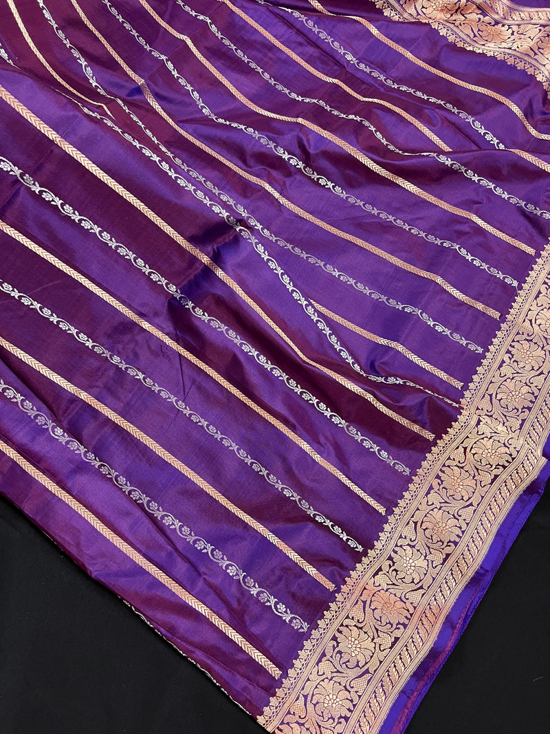 Eggplant Color Saree with undertone of Wine in Pure Banarasi Katan Silk Saree with Copper and Sliver Zari | SILK Mark Certified