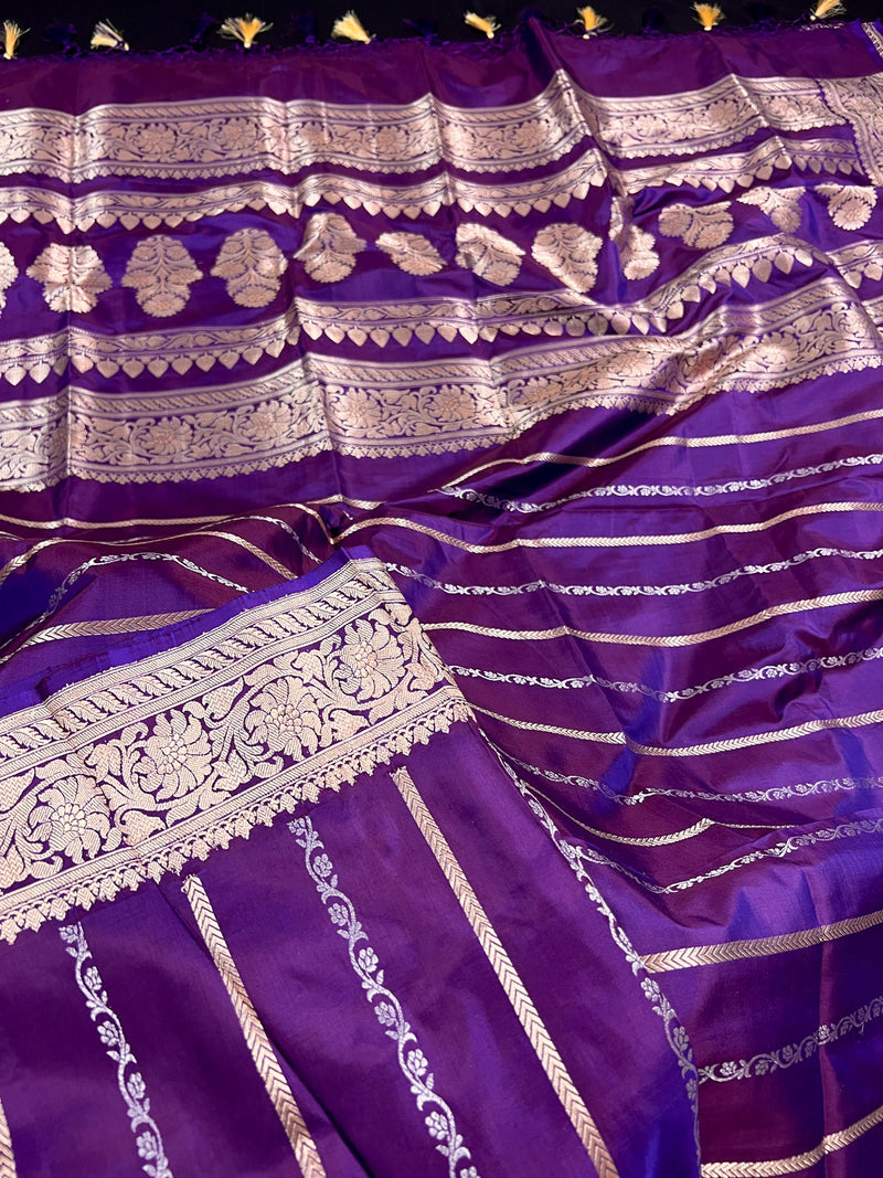 Eggplant Color Saree with undertone of Wine in Pure Banarasi Katan Silk Saree with Copper and Sliver Zari | SILK Mark Certified