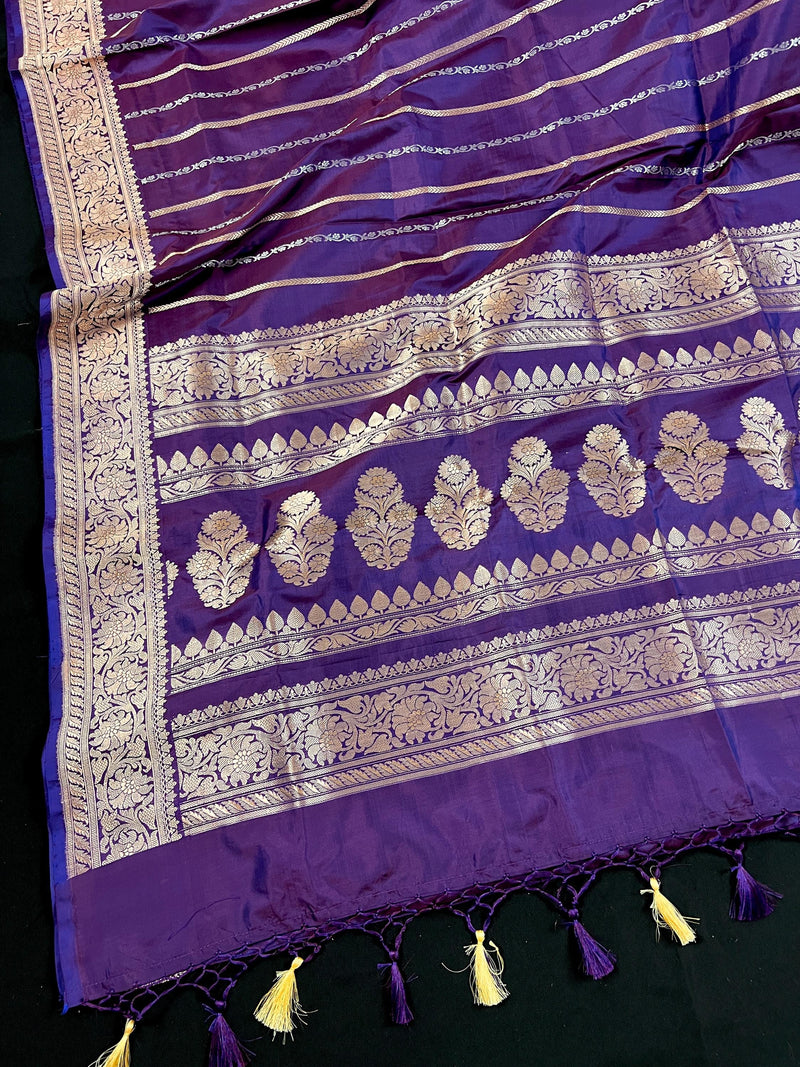 Eggplant Color Saree with undertone of Wine in Pure Banarasi Katan Silk Saree with Copper and Sliver Zari | SILK Mark Certified