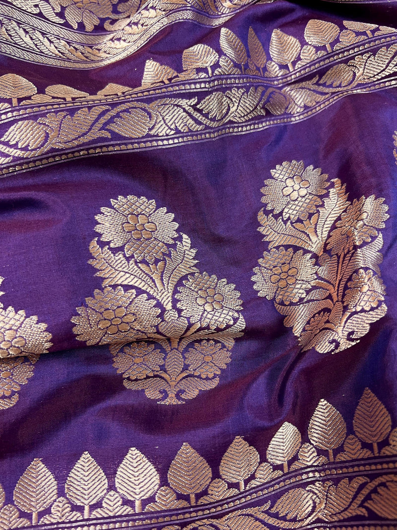 Eggplant Color Saree with undertone of Wine in Pure Banarasi Katan Silk Saree with Copper and Sliver Zari | SILK Mark Certified