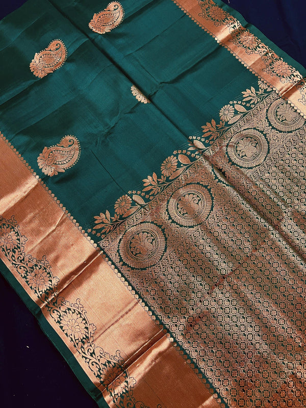 Bottle Green Pure Kanjivaram Silk Saree with Copper Zari Weave Handwoven | Kanchipuram Pure Silk Sarees | SILK MARK CERTIFIED