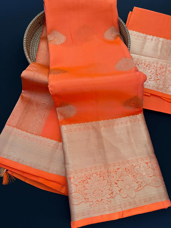 Peach Orange Pure Kanjivaram Silk Saree | Muted Gold Zari Weave Handwoven Pure Silk Sarees | SILK MARK CERTIFIED | Ships from California