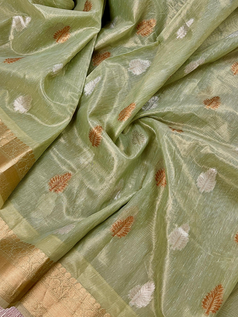 Pista Green with tint of Gold Linen Soft Tissue Silk Saree with Banarasi Borders and Pallu | Light Weight Saree | Kaash Collection