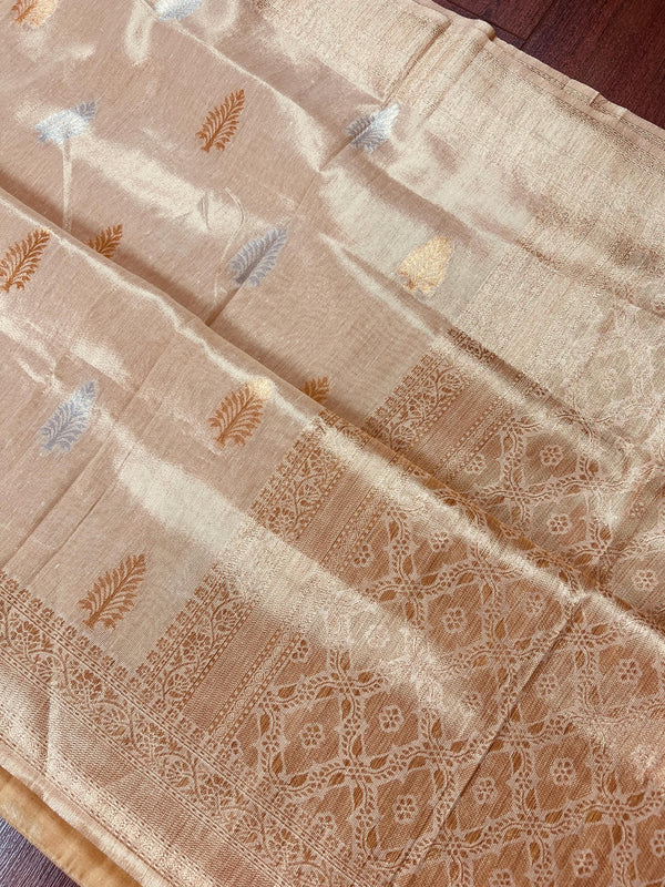 Gold Color Soft Tissue Silk Saree with Banarasi Borders and Pallu | Copper and Sliver Leaves Buttas | Banarasi Soft Tissue Saree