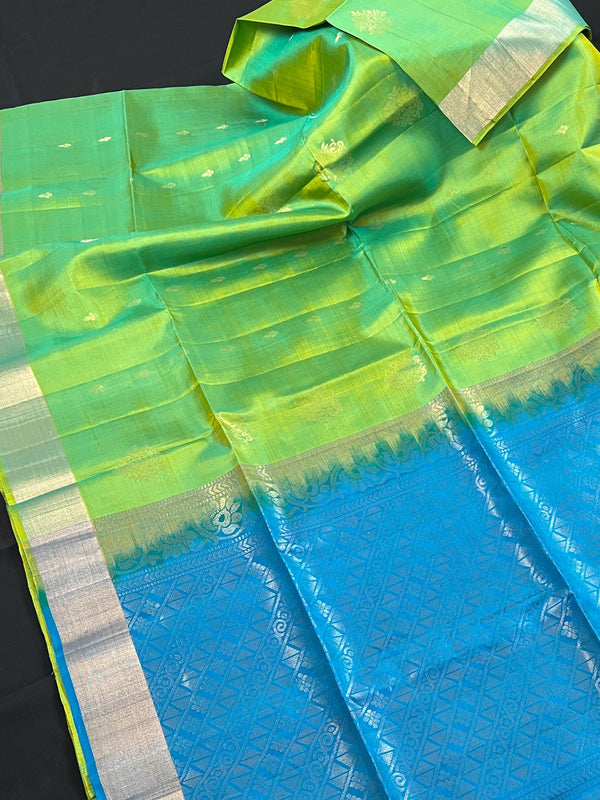 Dual Tone Green with tint of Blue Pure Kanjivaram Soft Silk Handloom Saree with Sky Blue Pallu | Muted Zari Work | SILK MARK CERTIFIED