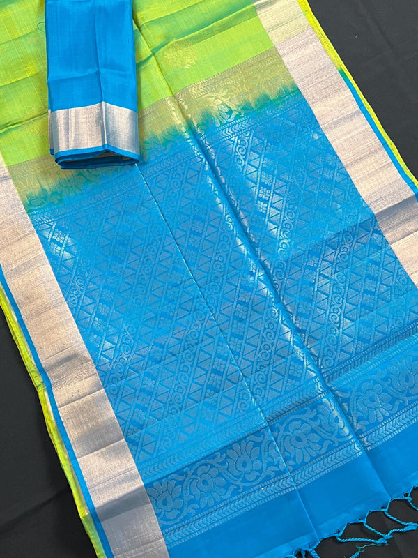 Dual Tone Green with tint of Blue Pure Kanjivaram Soft Silk Handloom Saree with Sky Blue Pallu | Muted Zari Work | SILK MARK CERTIFIED