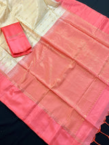 Cream Pure Kanjivaram Soft Silk Handloom Saree with Peach Border and Pallu | Muted Zari Work | SILK MARK CERTIFIED