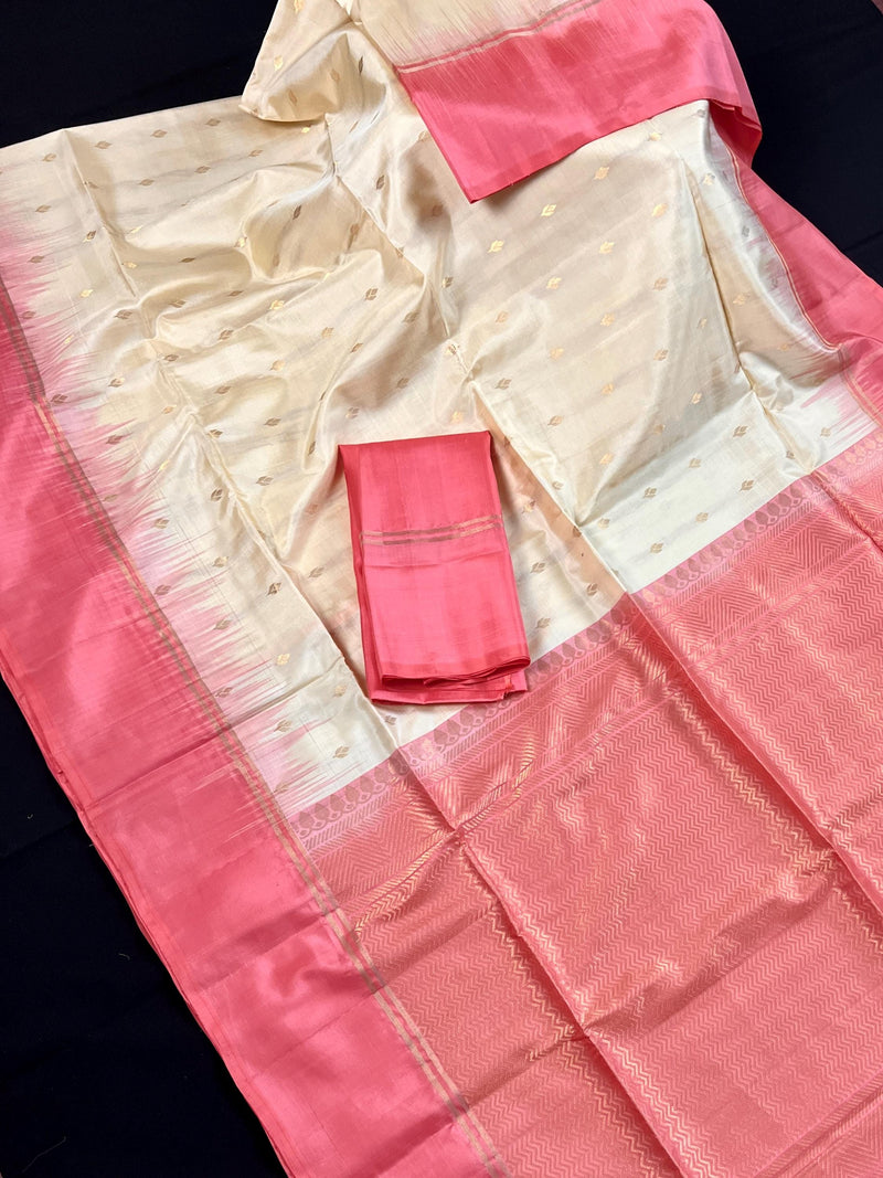 Cream Pure Kanjivaram Soft Silk Handloom Saree with Peach Border and Pallu | Muted Zari Work | SILK MARK CERTIFIED