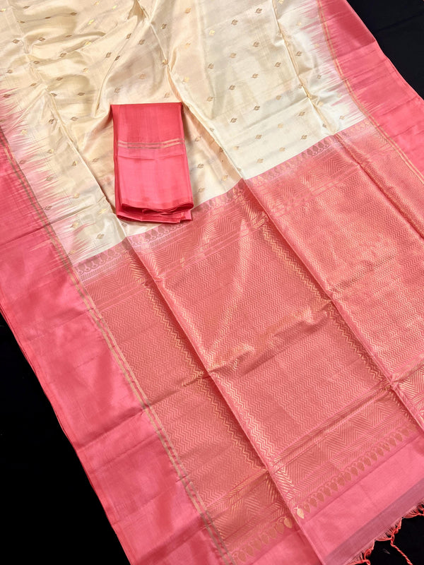 Cream Pure Kanjivaram Soft Silk Handloom Saree with Peach Border and Pallu | Muted Zari Work | SILK MARK CERTIFIED