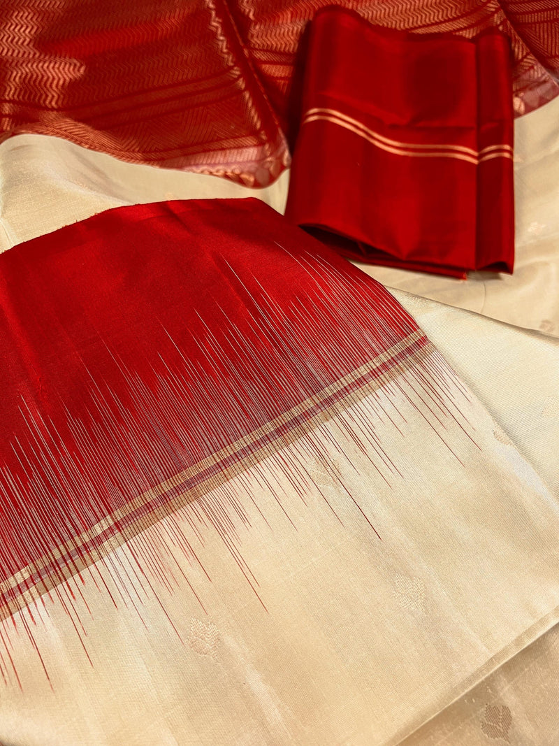 Cream Pure Kanjivaram Soft Silk Handloom Saree with Red Border and Pallu | Muted Zari Work | SILK MARK CERTIFIED