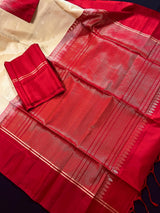 Cream Pure Kanjivaram Soft Silk Handloom Saree with Red Border and Pallu | Muted Zari Work | SILK MARK CERTIFIED