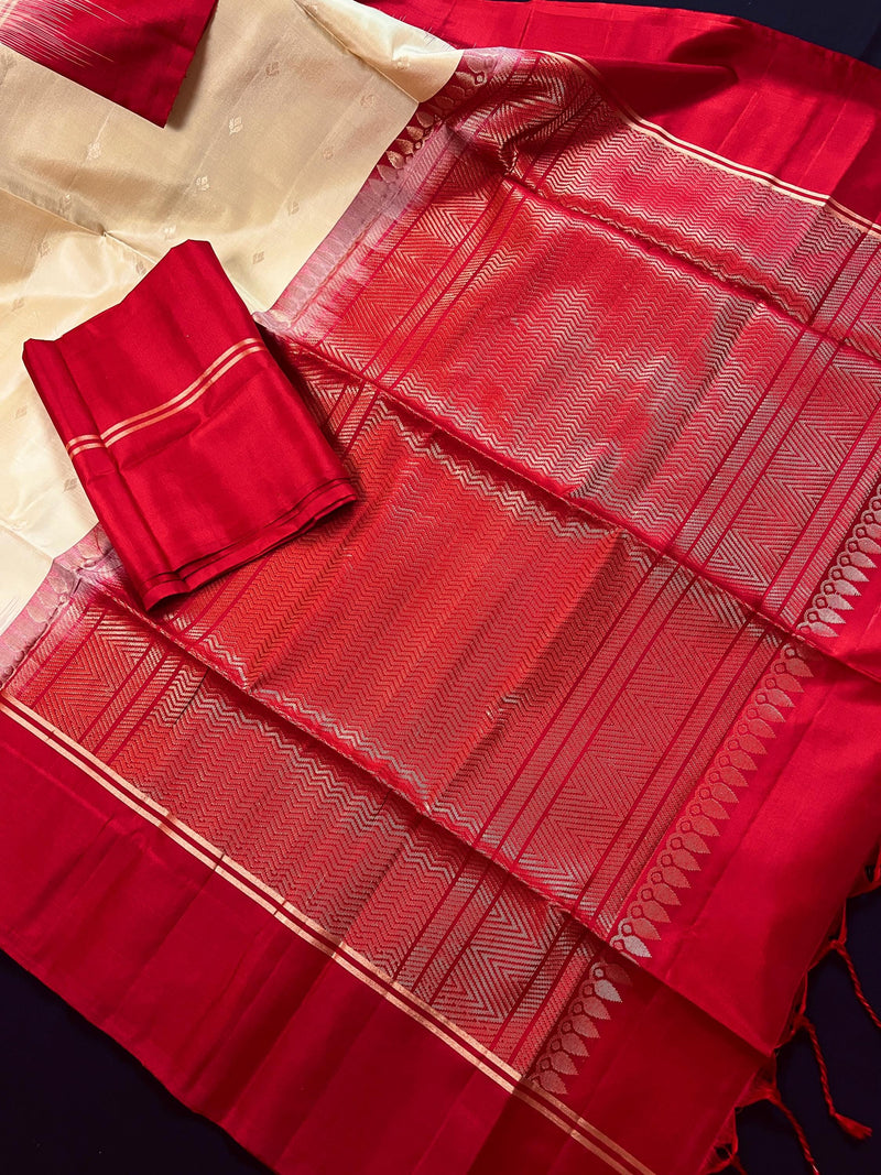 Cream Pure Kanjivaram Soft Silk Handloom Saree with Red Border and Pallu | Muted Zari Work | SILK MARK CERTIFIED