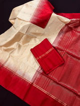 Cream Pure Kanjivaram Soft Silk Handloom Saree with Red Border and Pallu | Muted Zari Work | SILK MARK CERTIFIED