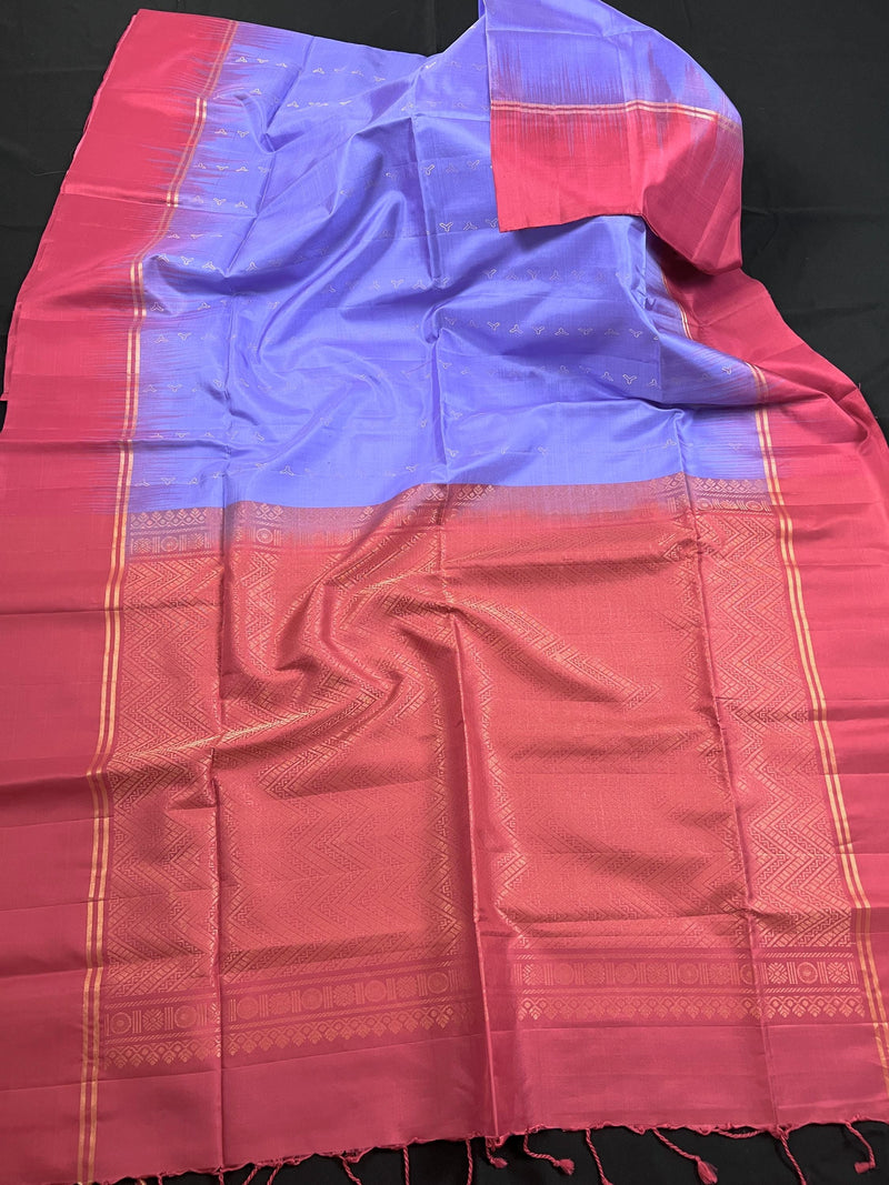 Lavender Pure Kanjivaram Soft Silk Handloom Saree with Onion Pink Pallu and Blouse | Muted Zari Work | SILK MARK CERTIFIED