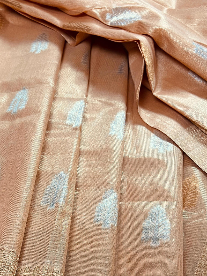 Peach Color Soft Tissue Silk Saree with Banarasi Borders and Pallu | Copper and Sliver Leaves Buttas | Banarasi Soft Tissue Saree