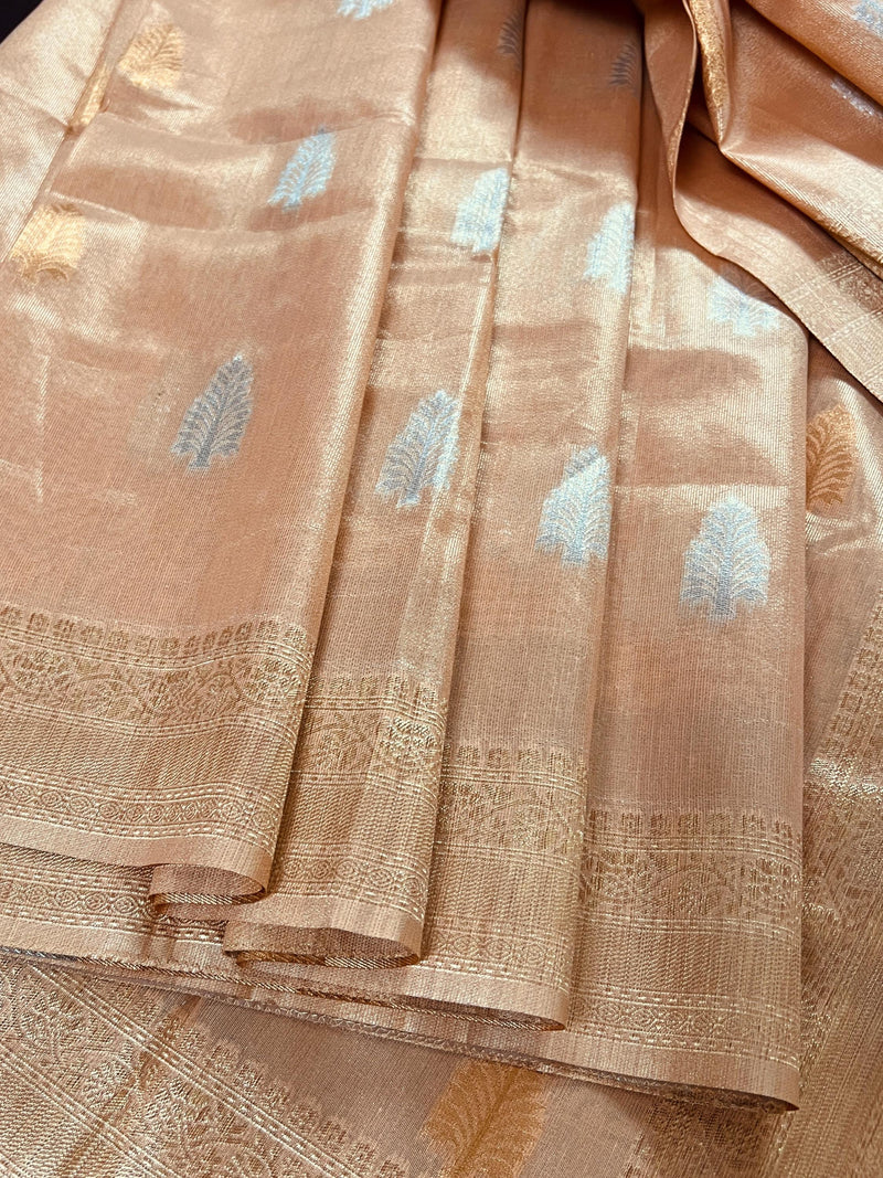 Peach Color Soft Tissue Silk Saree with Banarasi Borders and Pallu | Copper and Sliver Leaves Buttas | Banarasi Soft Tissue Saree