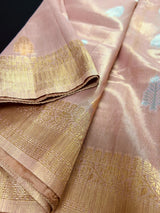 Pastel Rose Pink Color Soft Tissue Silk Saree with Banarasi Borders and Pallu | Copper and Sliver Leaves Buttas | Banarasi Soft Tissue Saree