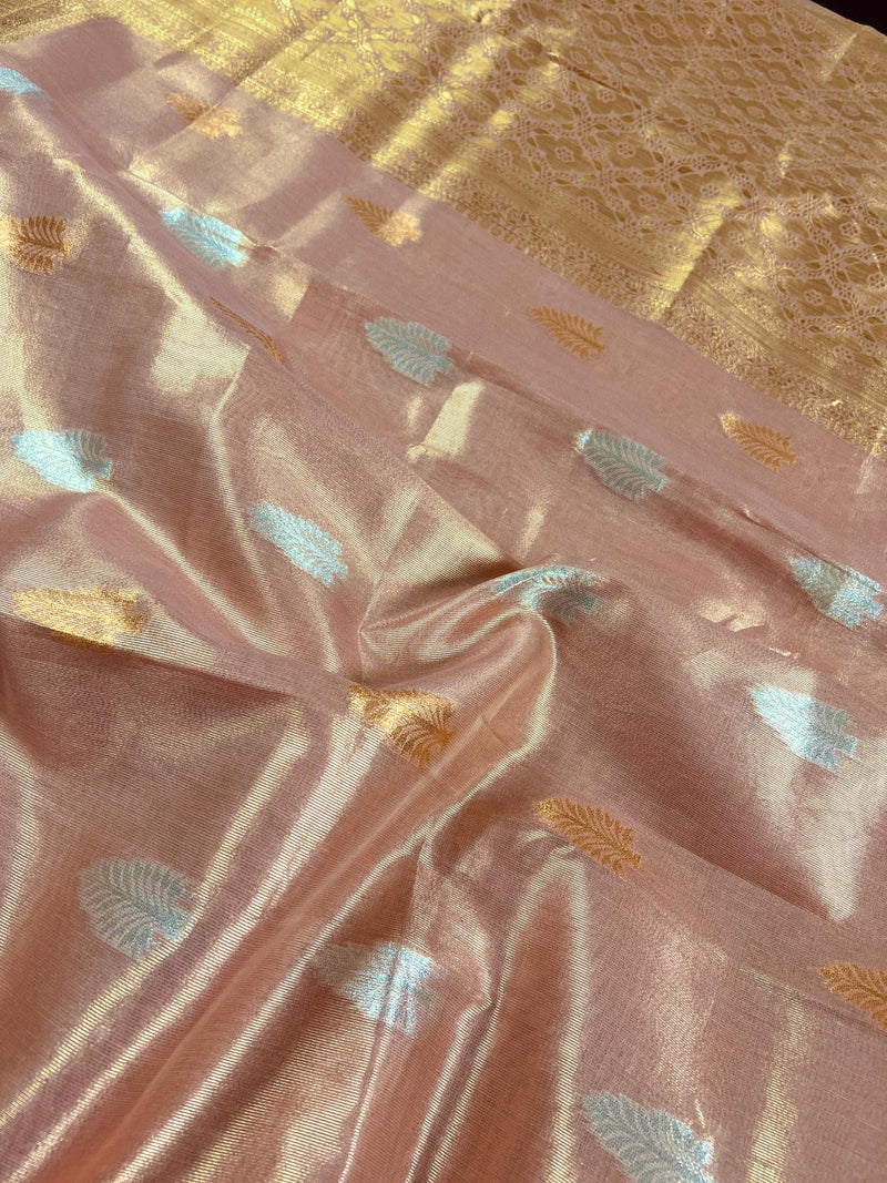 Pastel Rose Pink Color Soft Tissue Silk Saree with Banarasi Borders and Pallu | Copper and Sliver Leaves Buttas | Banarasi Soft Tissue Saree