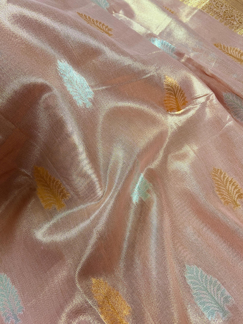 Pastel Rose Pink Color Soft Tissue Silk Saree with Banarasi Borders and Pallu | Copper and Sliver Leaves Buttas | Banarasi Soft Tissue Saree