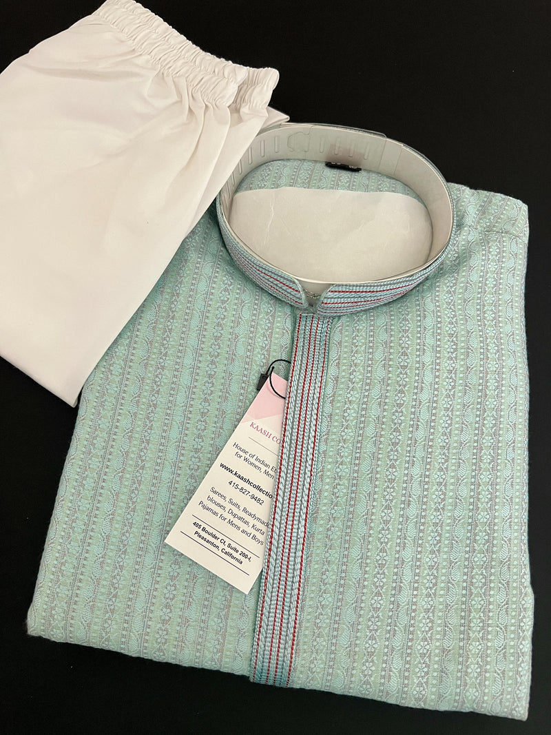 Pastel Sky Blue Men Kurta Pajama with intricate Self Embroidery |  Butter Soft Silk | Handwork on neckline | Kurta for every occasion