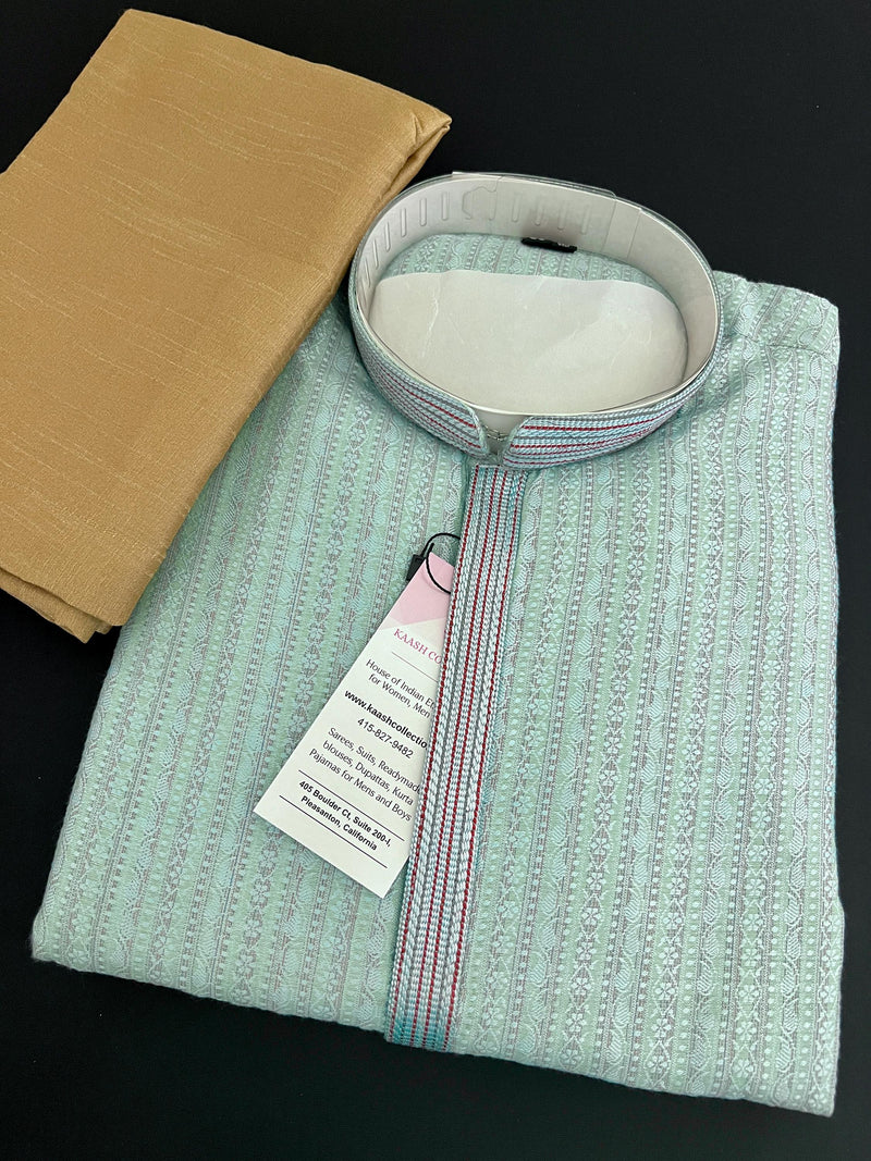 Pastel Sky Blue Men Kurta Pajama with intricate Self Embroidery |  Butter Soft Silk | Handwork on neckline | Kurta for every occasion