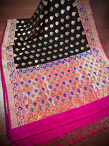 Black with Hot Pink Traditional Banarasi Silk Handloom Saree with Paithani Border and Pallu | Meenakari Work | Floral Saree