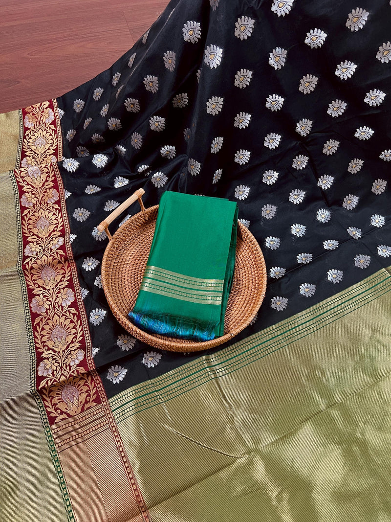 Black with Green Traditional Banarasi Silk Handloom Saree with Paithani Border and Pallu | Meenakari Work | Floral Saree