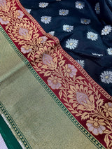 Black with Green Traditional Banarasi Silk Handloom Saree with Paithani Border and Pallu | Meenakari Work | Floral Saree