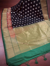 Black with Green Traditional Banarasi Silk Handloom Saree with Paithani Border and Pallu | Meenakari Work | Floral Saree