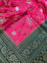 Hot Pink and Bottle Green Color Soft Mashru Silk handloom Saree with Gold Zari Branches and Sliver Flower | Banarasi Mashru Silk Saree