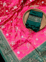 Hot Pink and Bottle Green Color Soft Mashru Silk handloom Saree with Gold Zari Branches and Sliver Flower | Banarasi Mashru Silk Saree