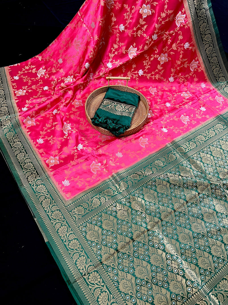 Hot Pink and Bottle Green Color Soft Mashru Silk handloom Saree with Gold Zari Branches and Sliver Flower | Banarasi Mashru Silk Saree