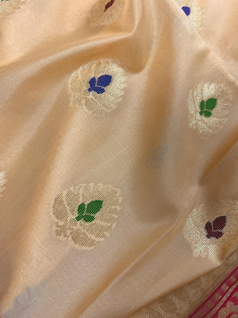 Ivory Cream Banarasi Silk Saree with Hot Pink combination | Meenakari Work with small buttis  | Soft Silk Handloom Saree