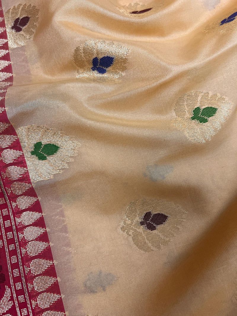 Ivory Cream Banarasi Silk Saree with Hot Pink combination | Meenakari Work with small buttis  | Soft Silk Handloom Saree