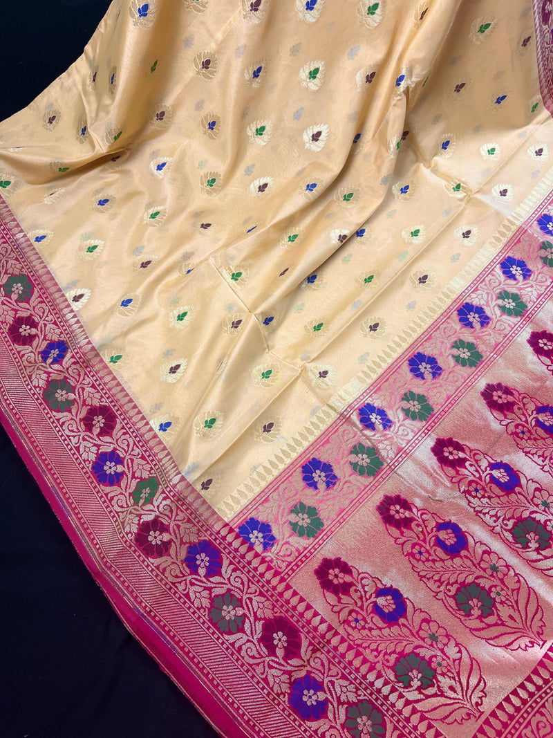 Ivory Cream Banarasi Silk Saree with Hot Pink combination | Meenakari Work with small buttis  | Soft Silk Handloom Saree