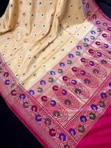 Ivory Cream Banarasi Silk Saree with Hot Pink combination | Meenakari Work with small buttis  | Soft Silk Handloom Saree