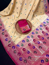 Ivory Cream Banarasi Silk Saree with Hot Pink combination | Meenakari Work with small buttis  | Soft Silk Handloom Saree