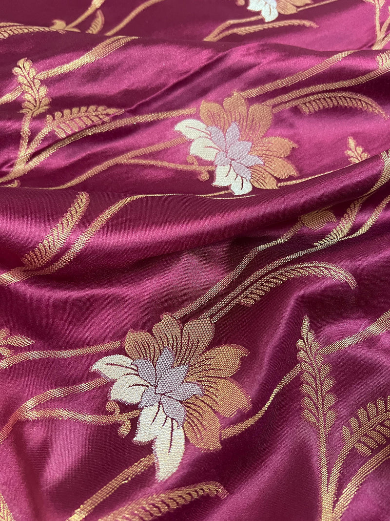 Wine and Hot Pink Color Soft Mashru Silk handloom Saree with Gold Zari Branches and Sliver Flower | Banarasi Mashru Silk Saree