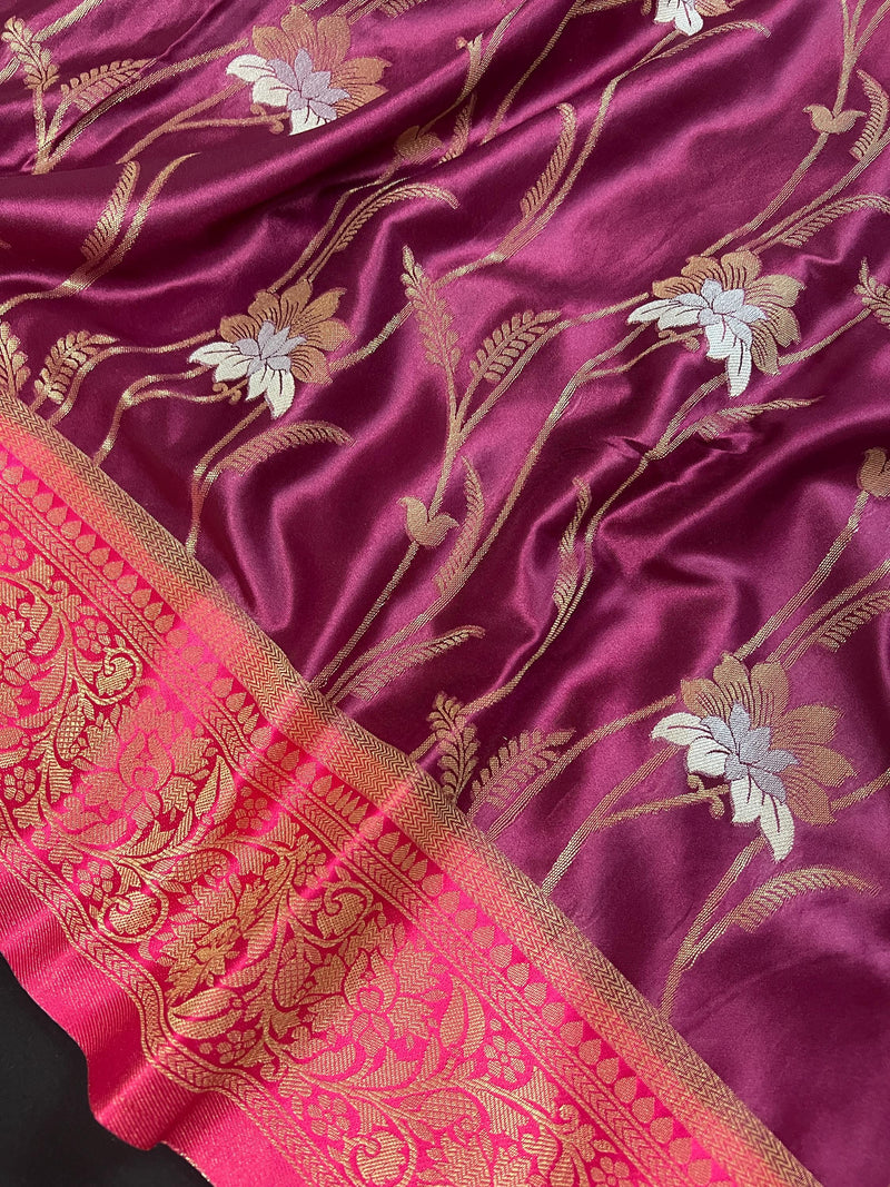 Wine and Hot Pink Color Soft Mashru Silk handloom Saree with Gold Zari Branches and Sliver Flower | Banarasi Mashru Silk Saree