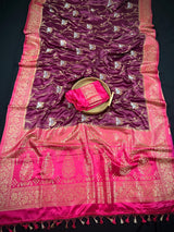 Wine and Hot Pink Color Soft Mashru Silk handloom Saree with Gold Zari Branches and Sliver Flower | Banarasi Mashru Silk Saree