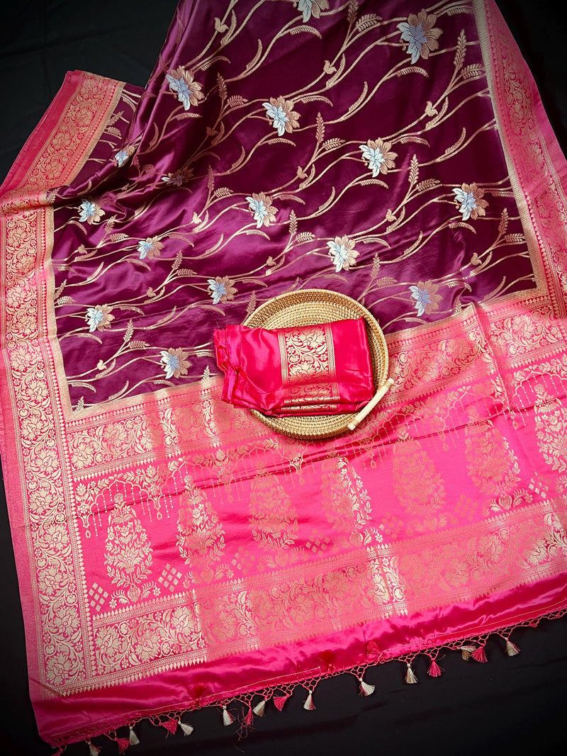 Wine and Hot Pink Color Soft Mashru Silk handloom Saree with Gold Zari Branches and Sliver Flower | Banarasi Mashru Silk Saree