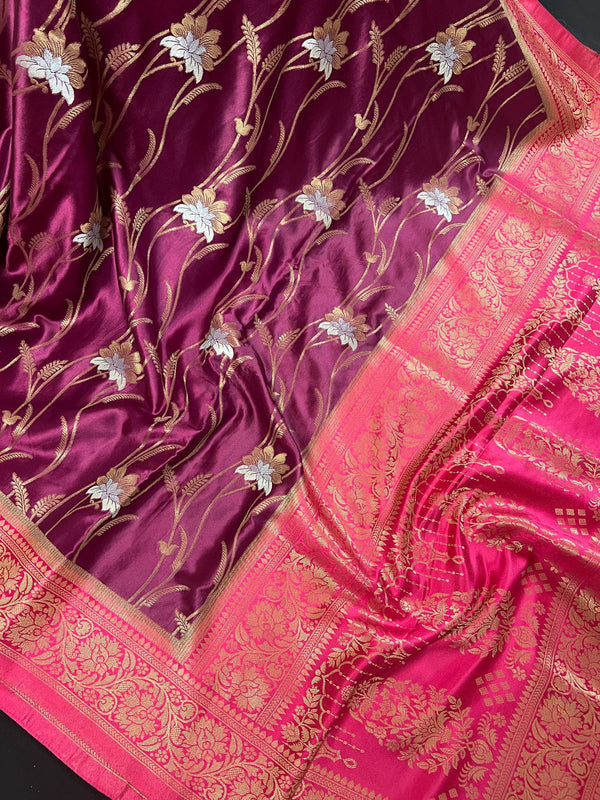 Wine and Hot Pink Color Soft Mashru Silk handloom Saree with Gold Zari Branches and Sliver Flower | Banarasi Mashru Silk Saree