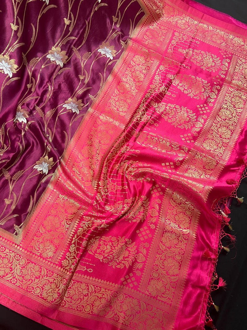 Wine and Hot Pink Color Soft Mashru Silk handloom Saree with Gold Zari Branches and Sliver Flower | Banarasi Mashru Silk Saree