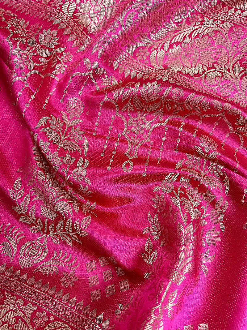 Wine and Hot Pink Color Soft Mashru Silk handloom Saree with Gold Zari Branches and Sliver Flower | Banarasi Mashru Silk Saree