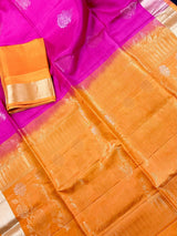 Hot Pink and Mango Yellow Pure Soft Kanjivaram Silk Saree - Peacock Motifs - Heirloom Kanchipuram Pure Silk  -  SILK MARK CERTIFIED