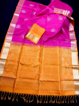 Hot Pink and Mango Yellow Pure Soft Kanjivaram Silk Saree - Peacock Motifs - Heirloom Kanchipuram Pure Silk  -  SILK MARK CERTIFIED