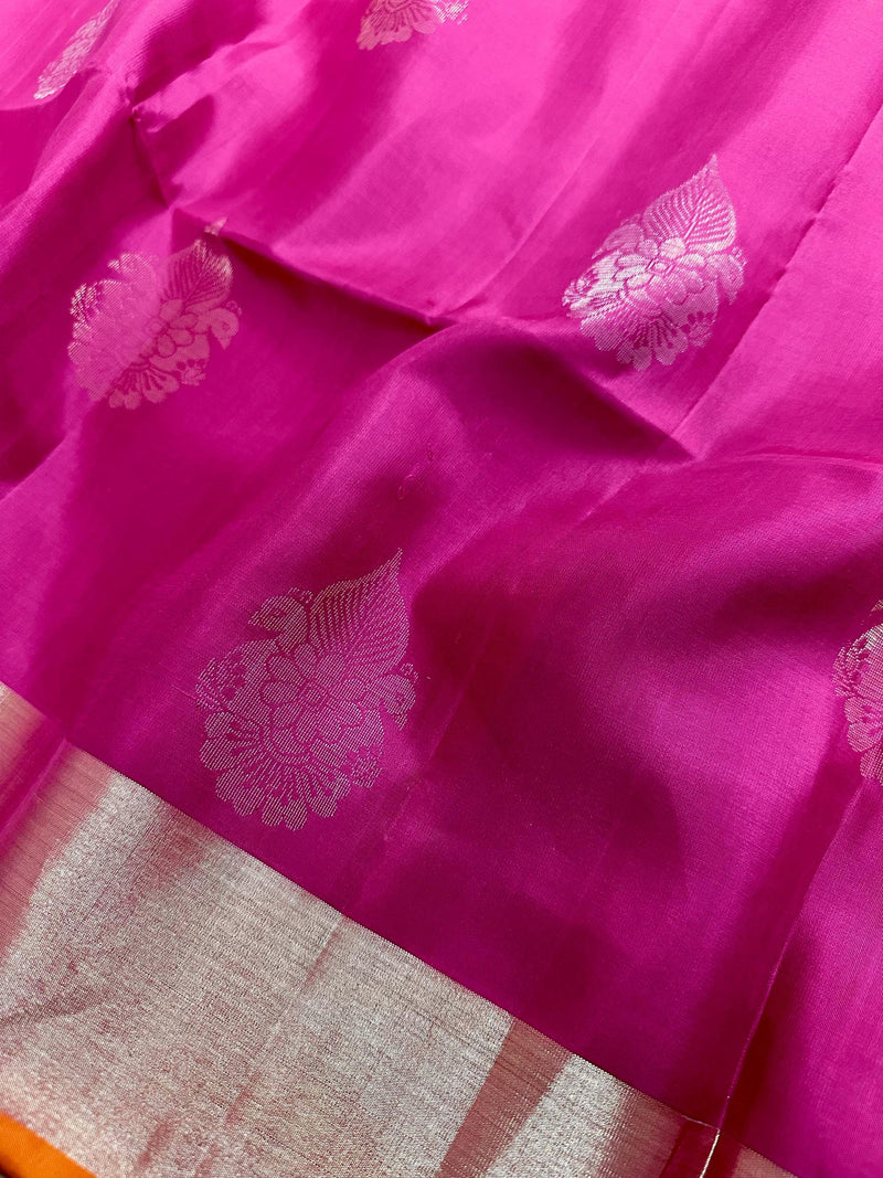 Hot Pink and Mango Yellow Pure Soft Kanjivaram Silk Saree - Peacock Motifs - Heirloom Kanchipuram Pure Silk  -  SILK MARK CERTIFIED