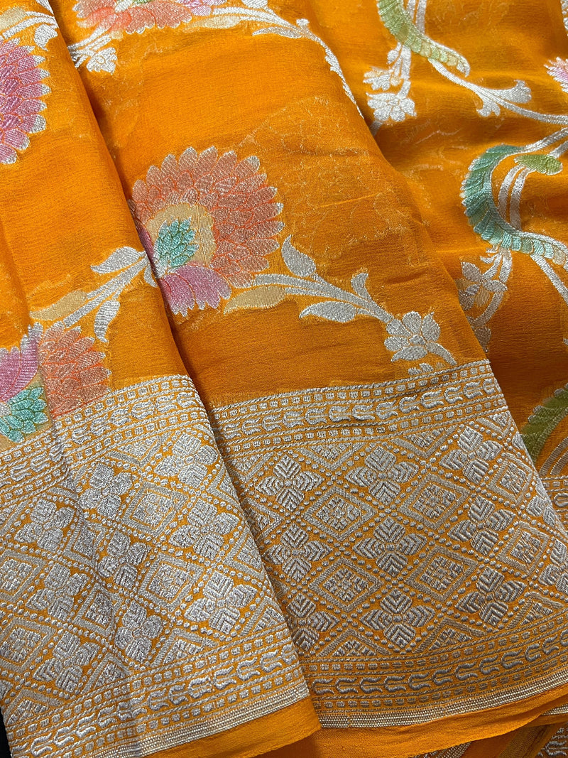 Turmeric Yellow Pure Khaddi Georgette Silk Saree with Water Zari and Hand Brush | Floral Saree | SILK MARK CERTIFIED